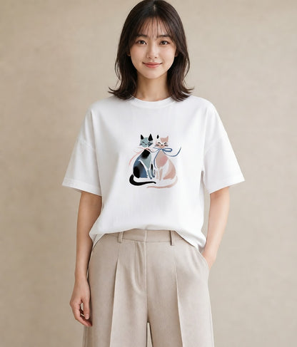 デザインTシャツ レディース ハチワレ 白黒猫 猫 ねこ イラスト 在宅 公園 白T YMAZO