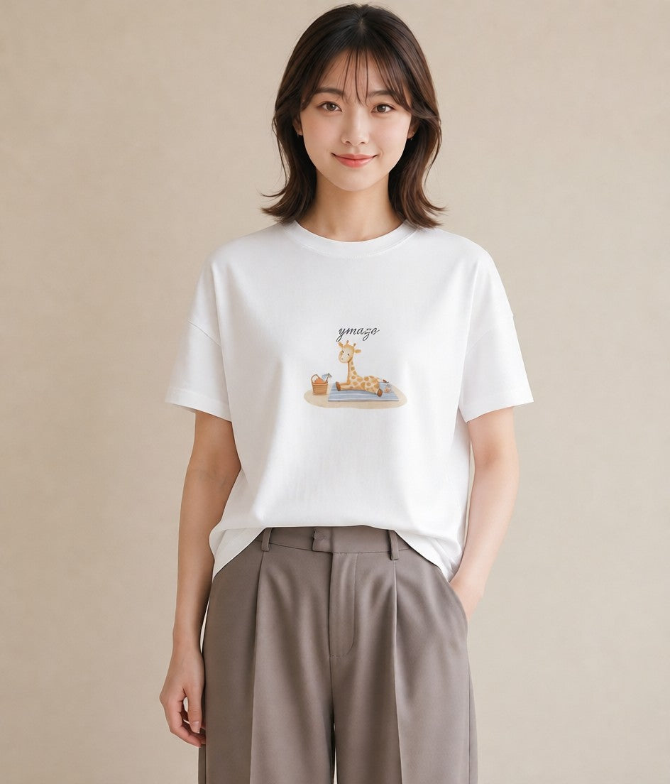 プリントTシャツ レディース きりん 動物 アニマル イラスト 友達ギフト 部屋着 白T YMAZO