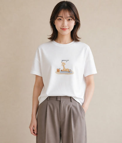 プリントTシャツ レディース きりん 動物 アニマル イラスト 友達ギフト 部屋着 白T YMAZO