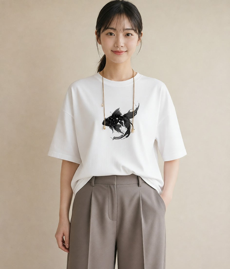 デザインTシャツ レディース 出目金 ペット 動物 イラスト 北欧風 姉妹 送別ギフト 白T YMAZO
