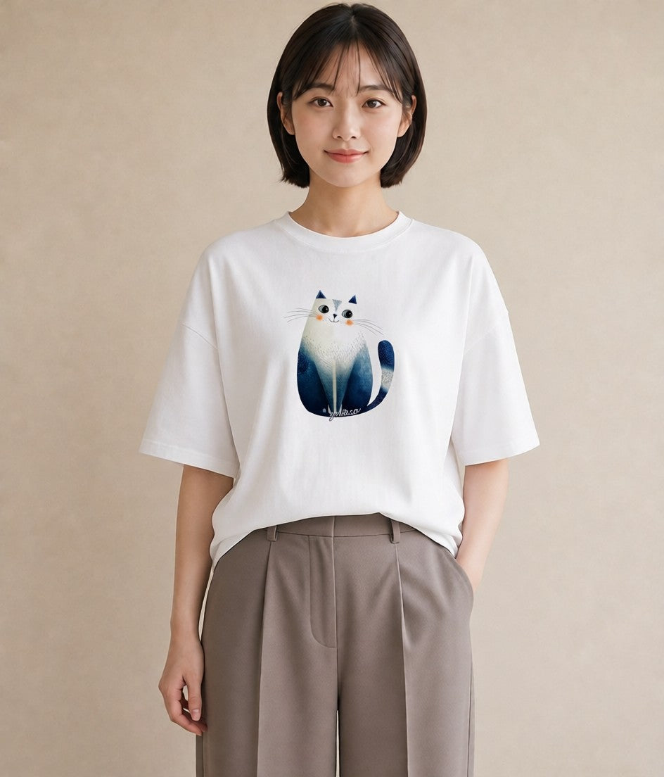 グラフィックTシャツ レディース ニャンコ 猫 ねこ イラスト ラフカジュアル デート 帰省 白T YMAZO