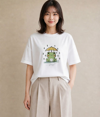 プリントTシャツ レディース 傘 水たまり 雨 ナチュラル アンティーク イラスト きれいめ デート 帰省 白T YMAZO