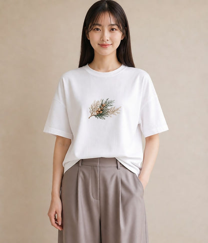半袖Tシャツ レディース 松ぼっくり 植物 ボタニカル イラスト 春服 ミセス 白T YMAZO