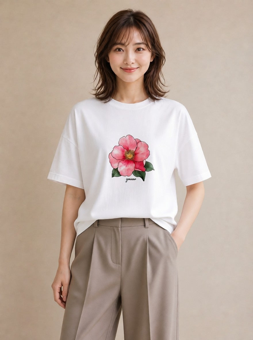 Tシャツ レディース 牡丹 花 花柄 イラスト ミニマル 買い物 夏コーデ 白T YMAZO