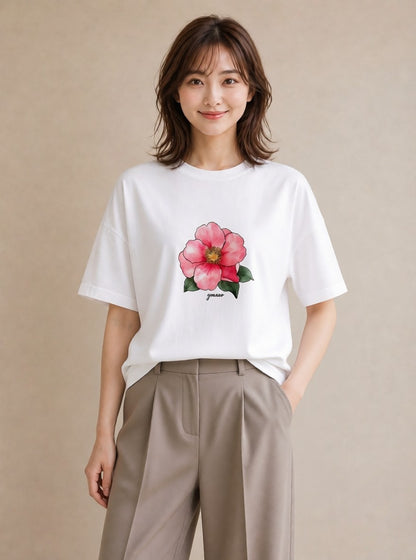Tシャツ レディース 牡丹 花 花柄 イラスト ミニマル 買い物 夏コーデ 白T YMAZO