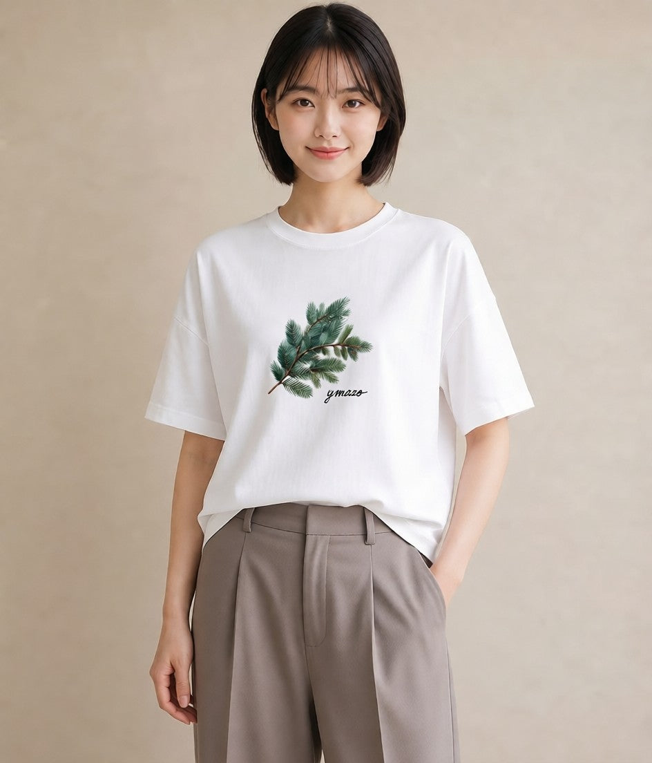 デザインTシャツ レディース 松ぼっくり 植物 ボタニカル イラスト ラフカジュアル ママ カフェ服 白T YMAZO