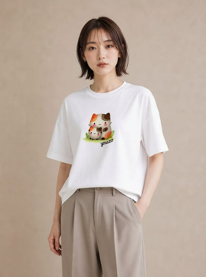 半袖Tシャツ レディース ニャンコ 猫 ねこ イラスト ナチュラル カフェ服 クリスマス 白T YMAZO