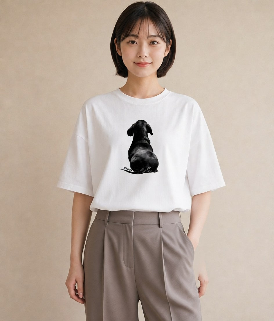 Tシャツ レディース ミニチュアダックスフンド 犬 いぬ イラスト 北欧風 カジュアルコーデ 買い物 白T YMAZO