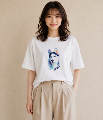 Tシャツ レディース シベリアンハスキー 犬 いぬ イラスト 線画 誕生日プレゼント 綿100 白T YMAZO