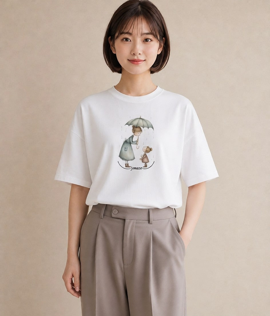 プリントTシャツ レディース 傘 水たまり 雨 ナチュラル アンティーク イラスト カフェコーデ ルームウェア ギフト 白T YMAZO