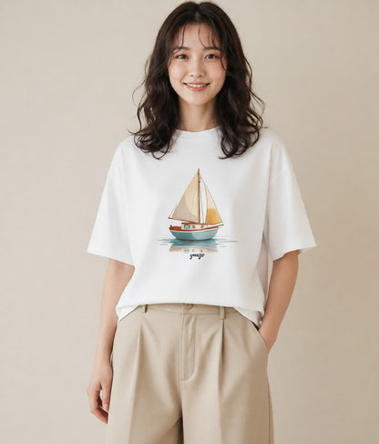 デザインTシャツ レディース 紙の船 水辺 ナチュラル アンティーク イラスト アート風 クリスマス 旅行 白T YMAZO