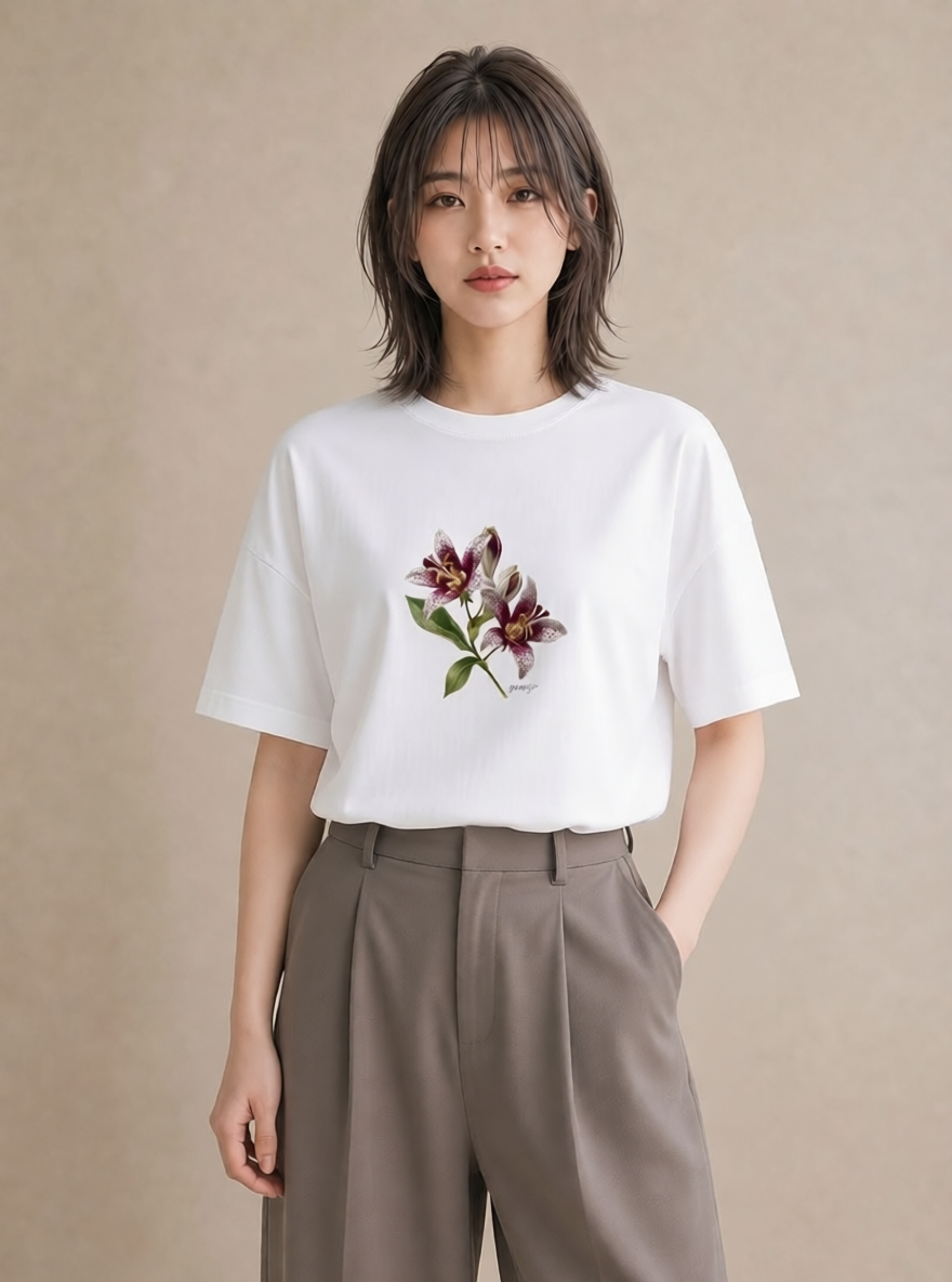 プリントTシャツ レディース ゆり 百合 花 花柄 イラスト カジュアル 社会人 女性 白T