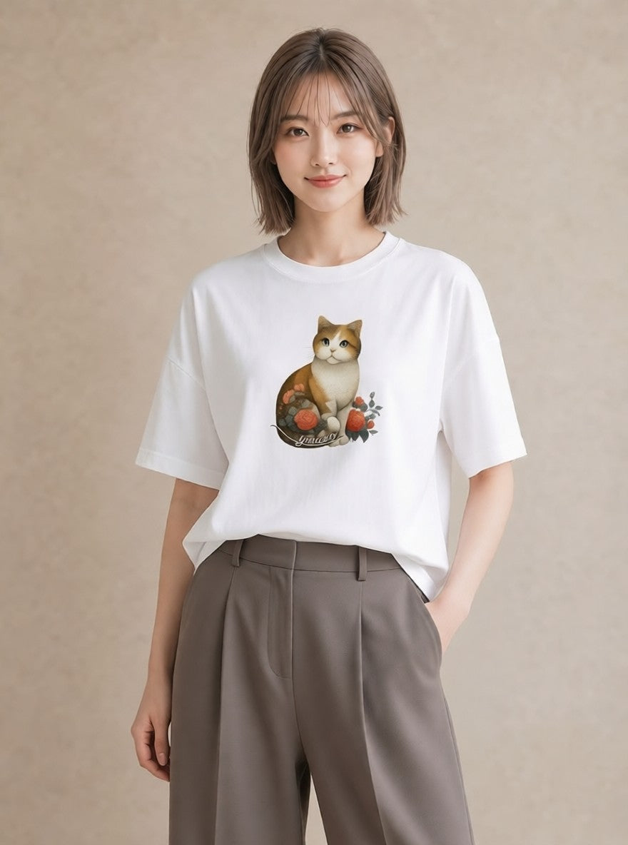 Tシャツ レディース 茶トラ 茶猫 猫 ねこ イラスト 水彩風 公園 ママ 白T YMAZO