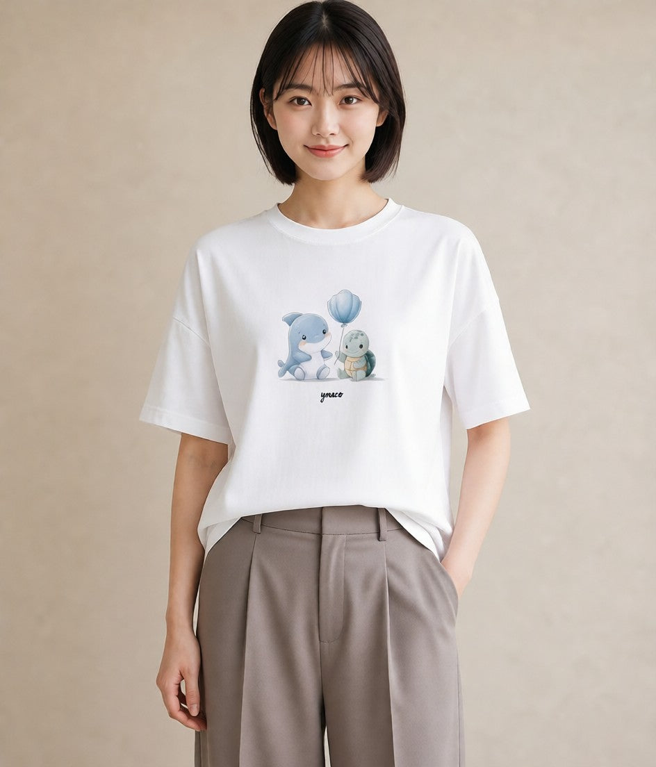 Tシャツ レディース イルカ 海の生き物 海 イラスト フェミニン 部屋着 女性向けギフト 白T YMAZO
