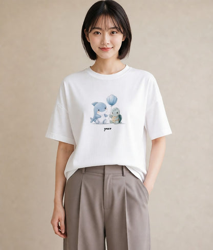 Tシャツ レディース イルカ 海の生き物 海 イラスト フェミニン 部屋着 女性向けギフト 白T YMAZO