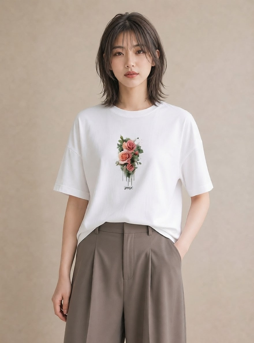半袖Tシャツ レディース 花 花柄 イラスト 抜け感 通学 誕生日プレゼント 白T YMAZO