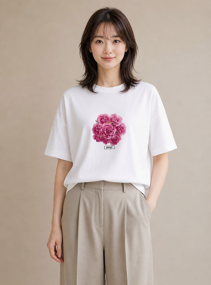 半袖Tシャツ レディース カーネーション 花 花柄 イラスト ゆるコーデ 母の日 ビーチ 白T