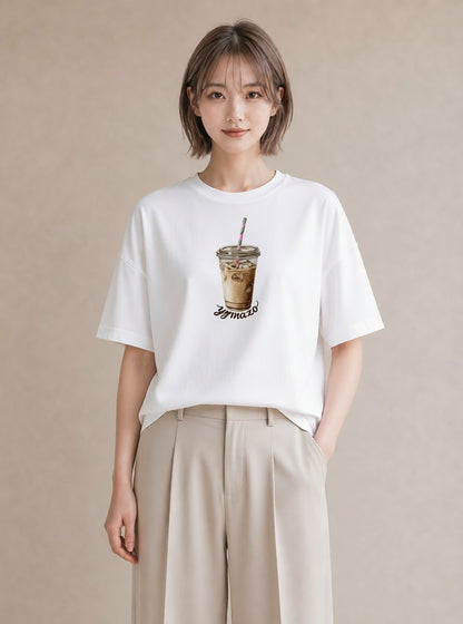 Tシャツ レディース カフェラテ 食べ物 フード イラスト 水彩風 母娘コーデ 自分用 白T YMAZO