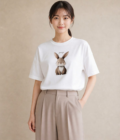 Tシャツ レディース ライオンラビット ペット 動物 イラスト ボタニカル 自分用 ルームウェア 白T YMAZO