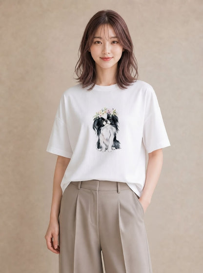 Tシャツ レディース 狆 犬 いぬ イラスト フェミニン ペアコーデ 秋コーデ 白T YMAZO