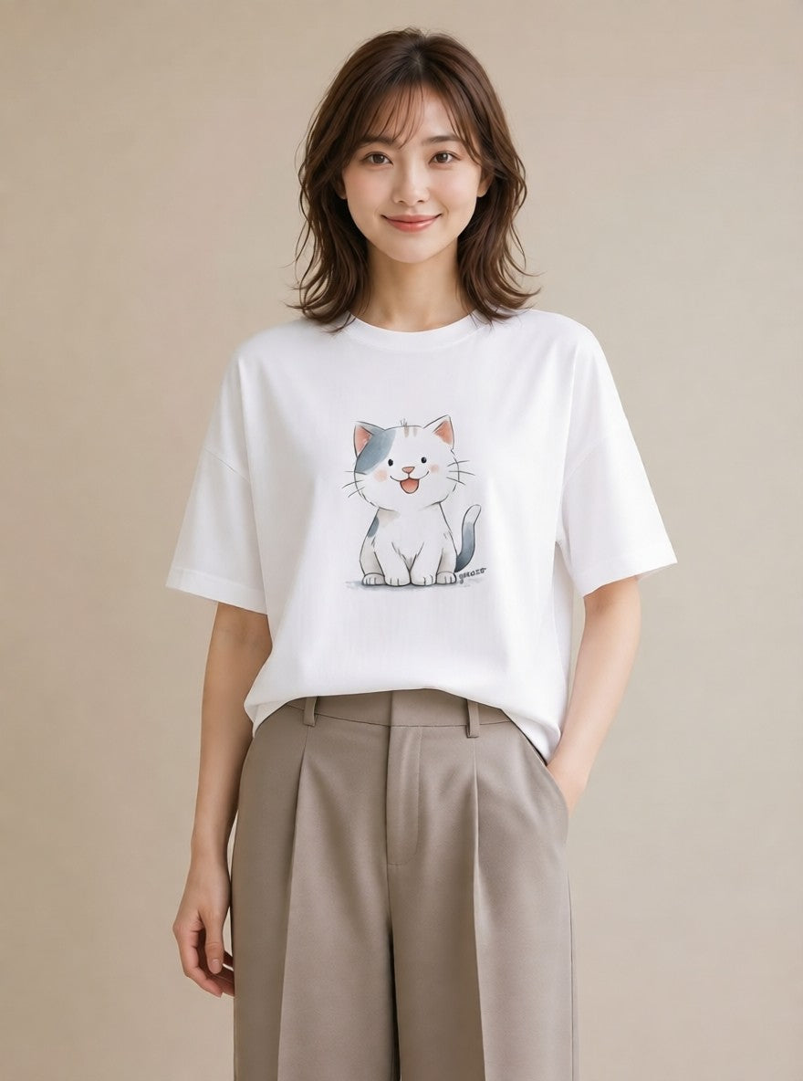 Tシャツ レディース ねこ 猫 ネコ イラスト きれいめ 20代 カジュアルコーデ 白T YMAZO