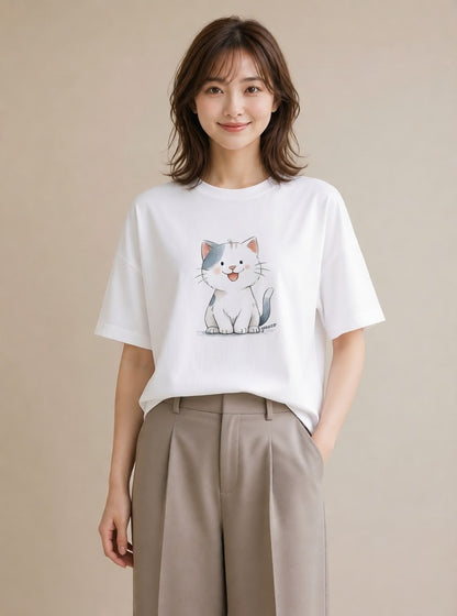 Tシャツ レディース ねこ 猫 ネコ イラスト きれいめ 20代 カジュアルコーデ 白T YMAZO