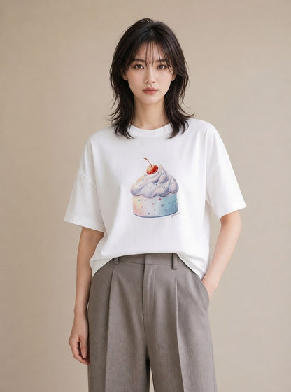 Tシャツ レディース プリン 食べ物 フード イラスト モード 公園 ママ 白T YMAZO