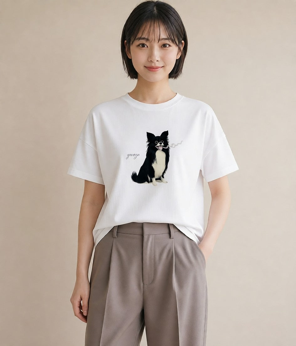 プリントTシャツ レディース ロングコートチワワ 犬 いぬ イラスト 可愛い お出かけ 普段着 白T YMAZO