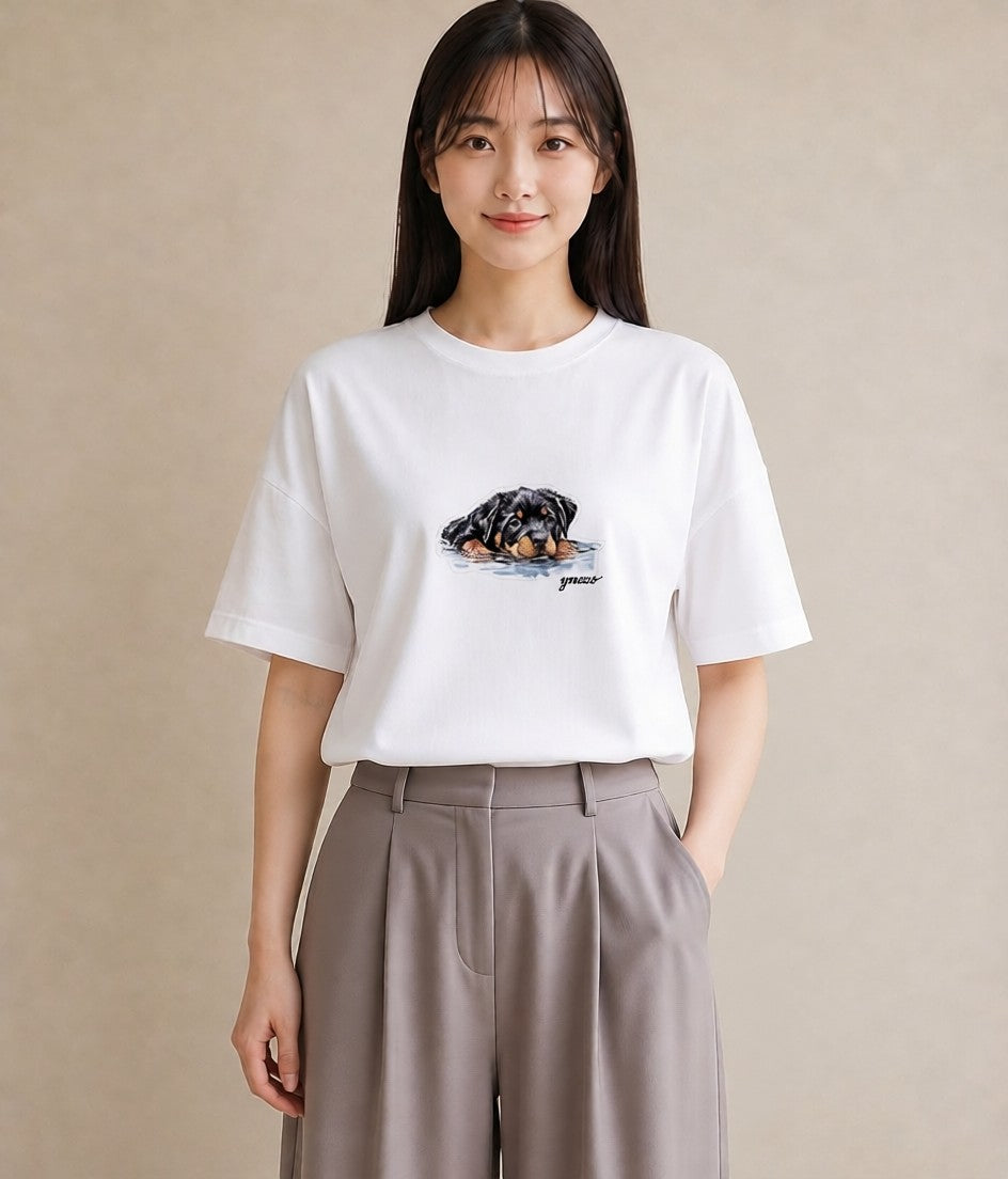 半袖Tシャツ レディース 黒柴 犬 いぬ イラスト シック クリスマス 旅行 白T YMAZO