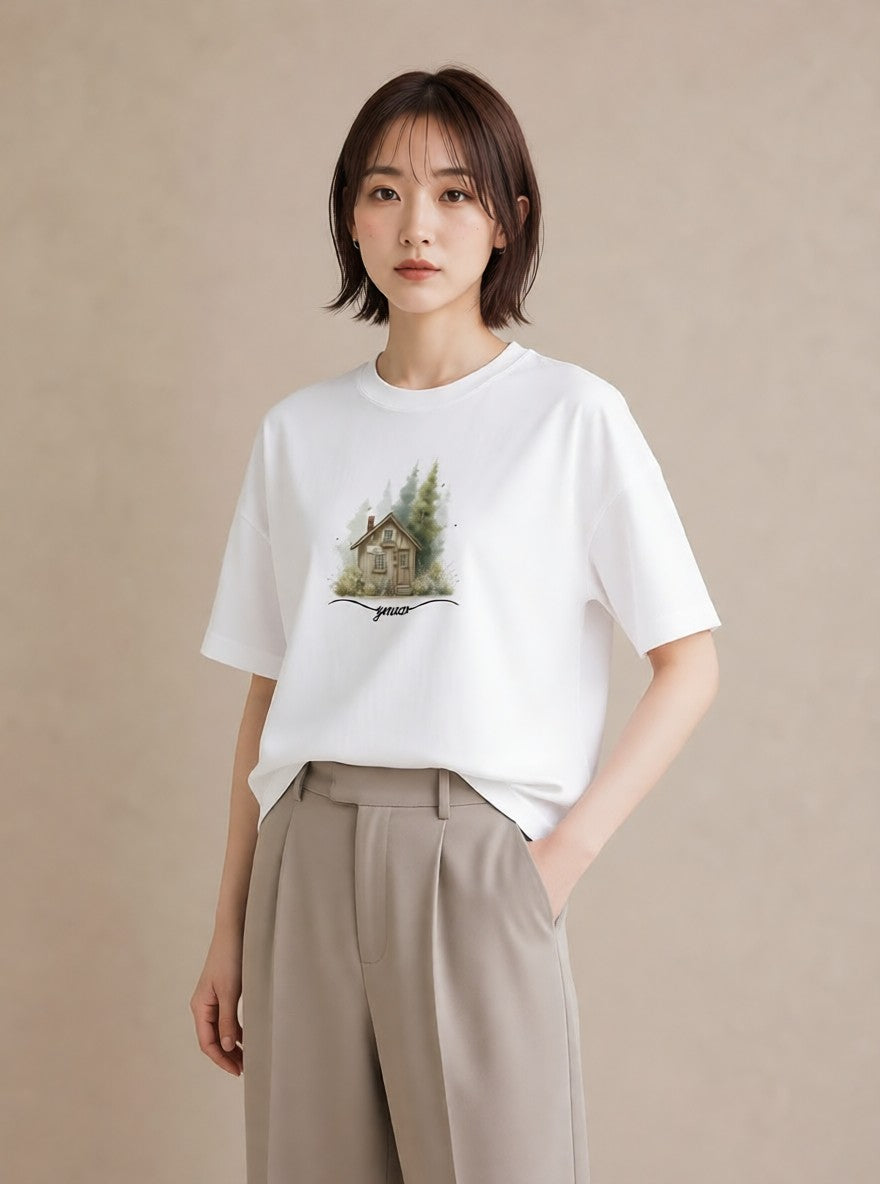 Tシャツ レディース 湖畔の小屋 湖 小屋 ナチュラル アンティーク イラスト ラフ 普段着 週末コーデ 白T YMAZO
