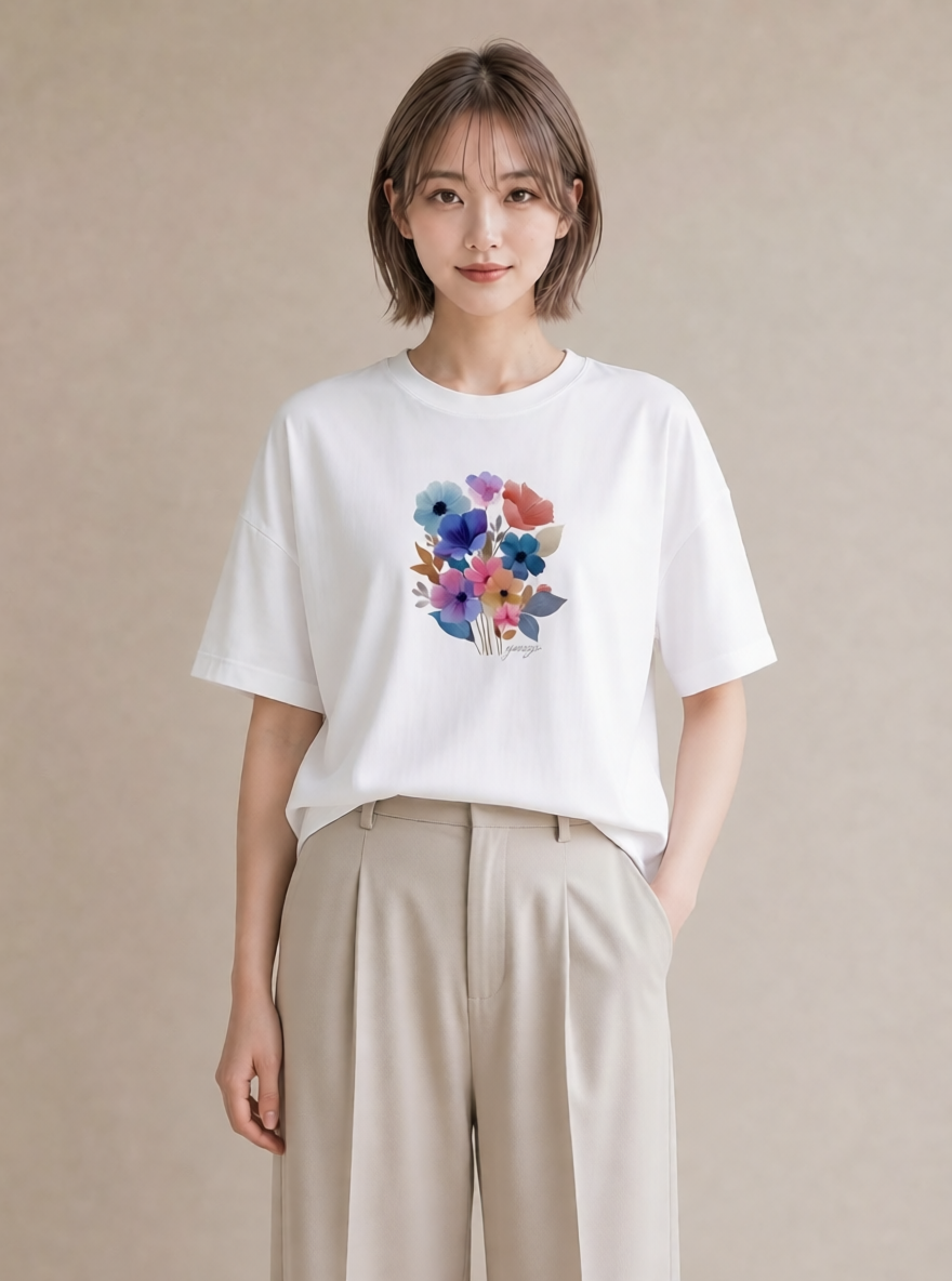 プリントTシャツ レディース あさがお 朝顔 花 花柄 イラスト ユニーク お出かけ 普段着 白T YMAZO