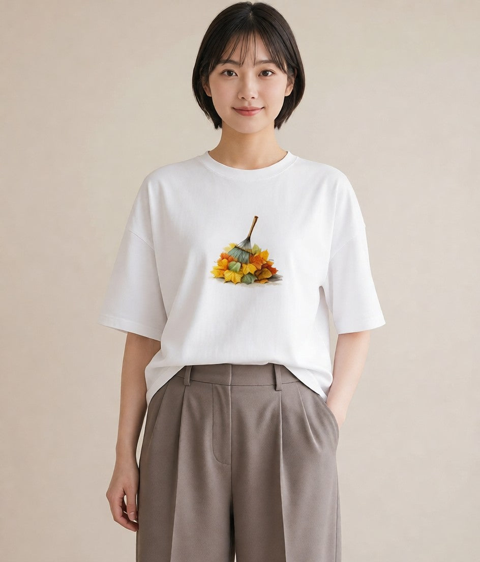 半袖Tシャツ レディース 落ち葉 植物 ボタニカル イラスト ラフ 綿100 デート 白T YMAZO