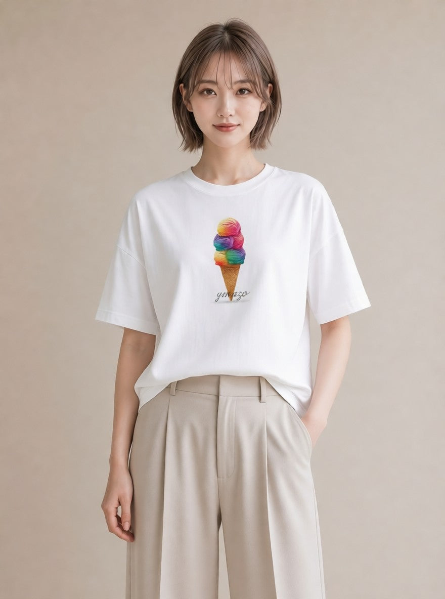 グラフィックTシャツ レディース ソフトクリーム 食べ物 フード イラスト 線画 普段着 週末コーデ 白T YMAZO