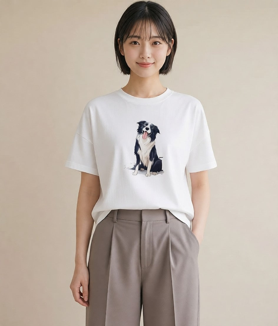 プリントTシャツ レディース ボーダーコリー 犬 いぬ イラスト ヴィンテージ風 お出かけ 普段着 白T YMAZO