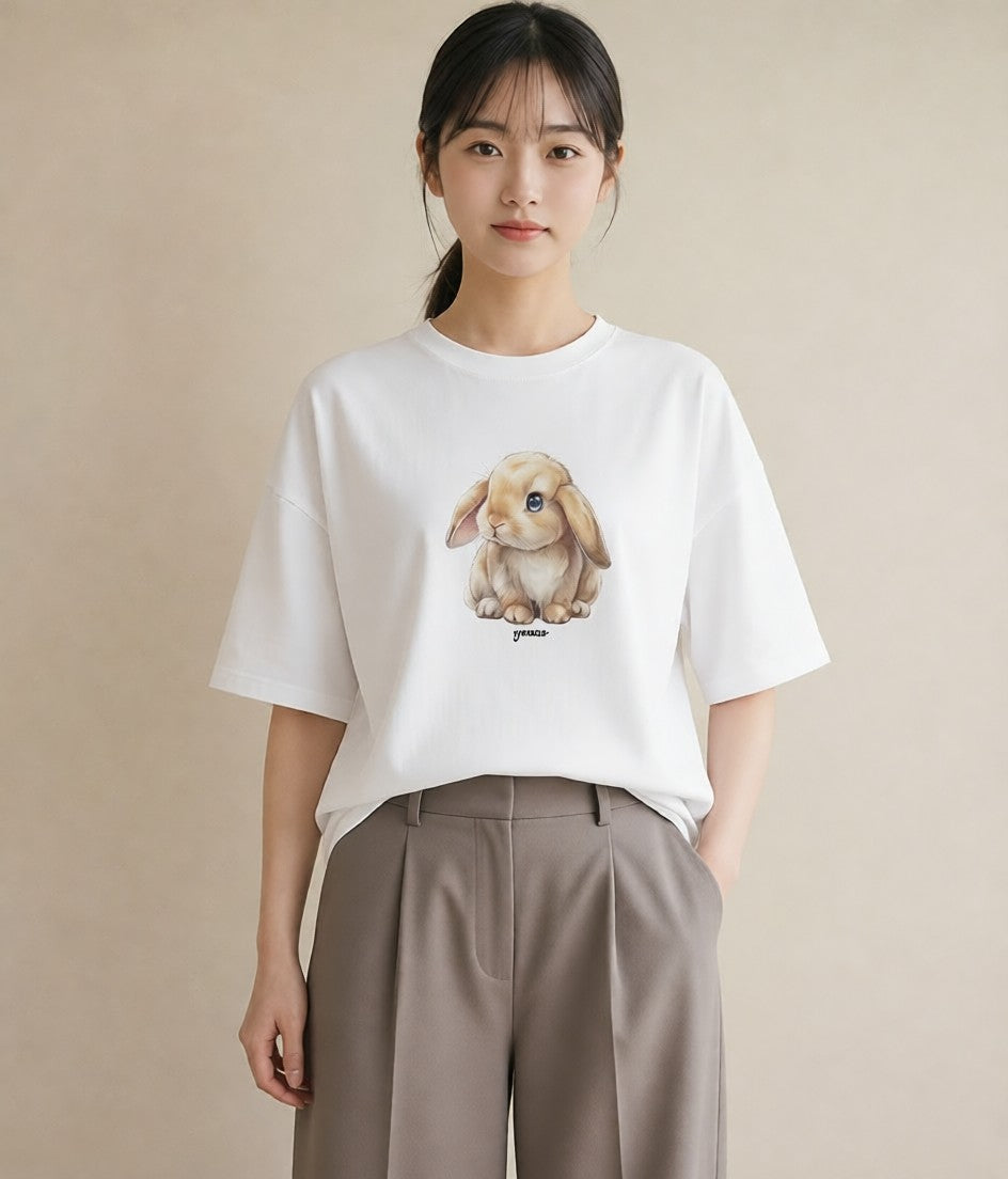 プリントTシャツ レディース ライオンラビット ペット 動物 イラスト ゆるコーデ 普段着 週末コーデ 白T YMAZO
