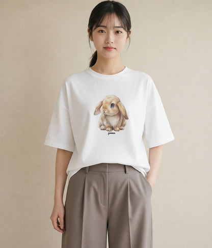 プリントTシャツ レディース ライオンラビット ペット 動物 イラスト ゆるコーデ 普段着 週末コーデ 白T YMAZO