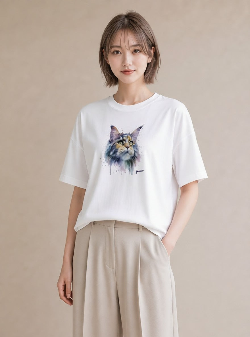 グラフィックTシャツ レディース 猫好き 猫 ねこ イラスト ミニマル お出かけ 普段着 白T YMAZO
