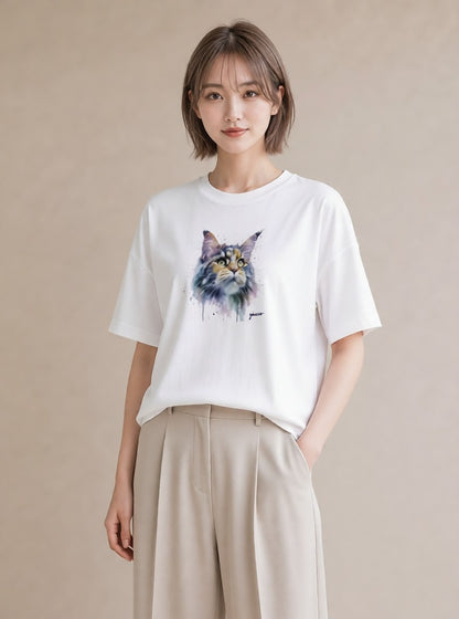 グラフィックTシャツ レディース 猫好き 猫 ねこ イラスト ミニマル お出かけ 普段着 白T YMAZO