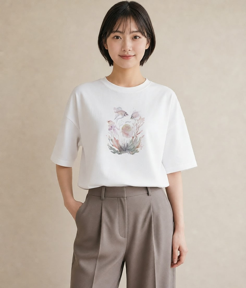 Tシャツ レディース くらげ クラゲ 海の生き物 海 イラスト こなれ感 週末コーデ 敬老の日 白T YMAZO