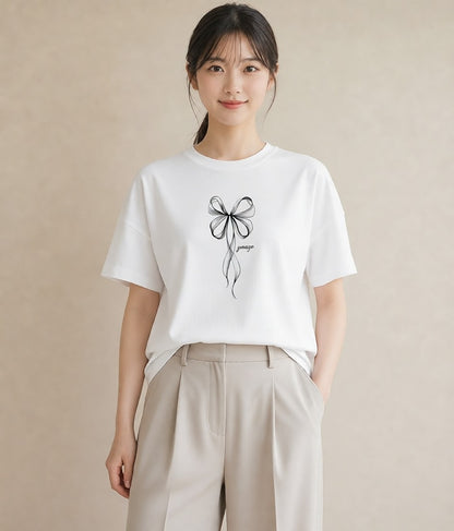 デザインTシャツ レディース リボン 蝶結び ナチュラル アンティーク イラスト ラフカジュアル 旅行用 海 白T YMAZO