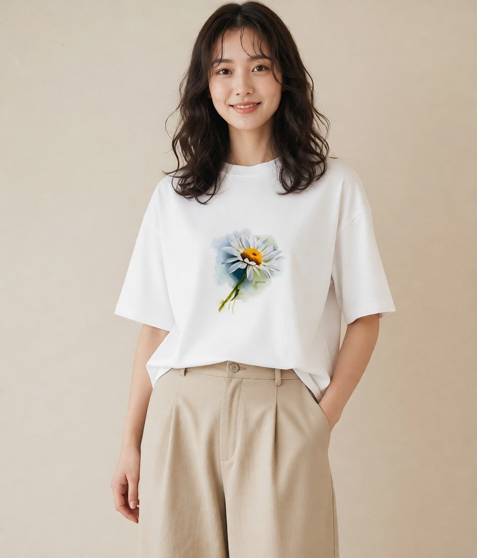 半袖Tシャツ レディース マーガレット 花 花柄 イラスト 水彩風 お出かけ 普段着 白T YMAZO