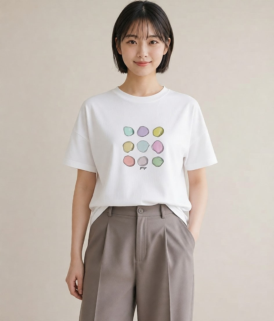 グラフィックTシャツ レディース マカロン 食べ物 フード イラスト 水彩風 親子 20代 白T YMAZO