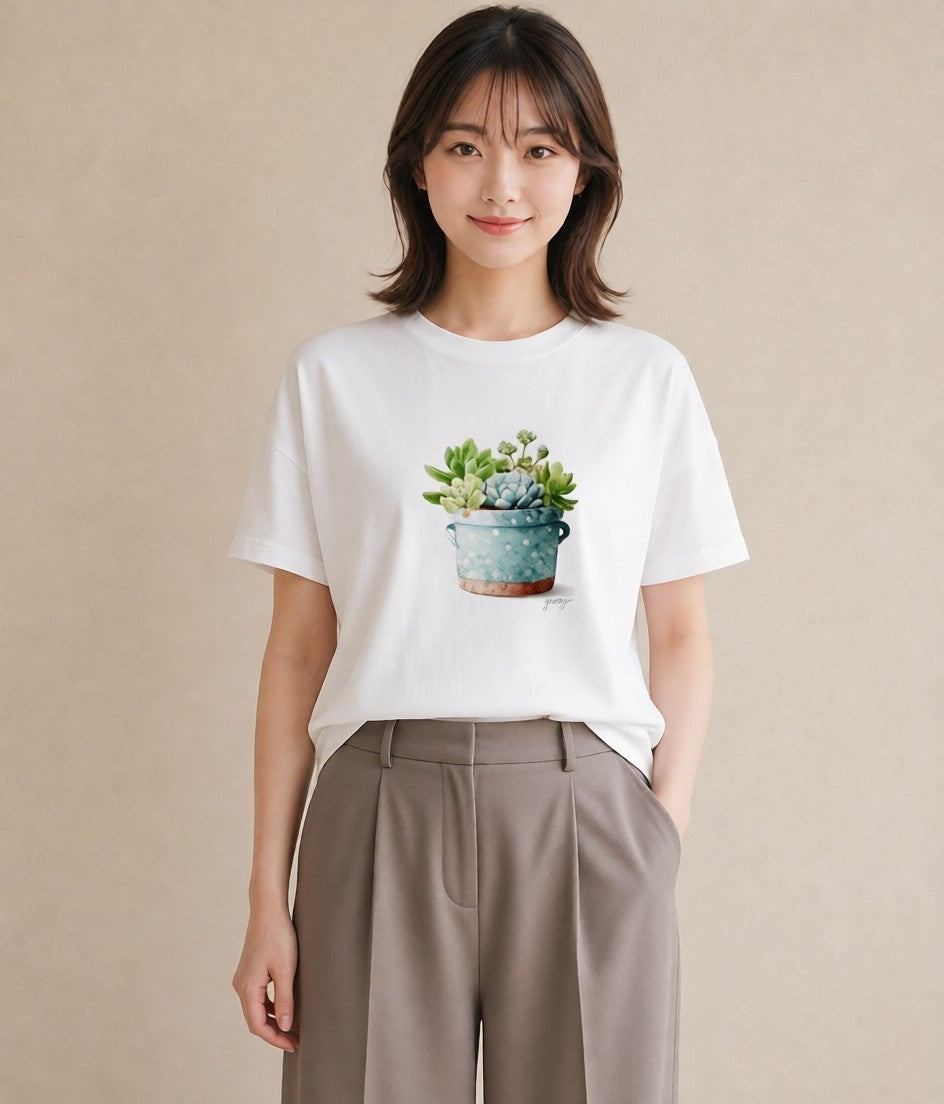 デザインTシャツ レディース 多肉植物 植物 ボタニカル イラスト フェミニン 海 カフェ巡り 白T YMAZO