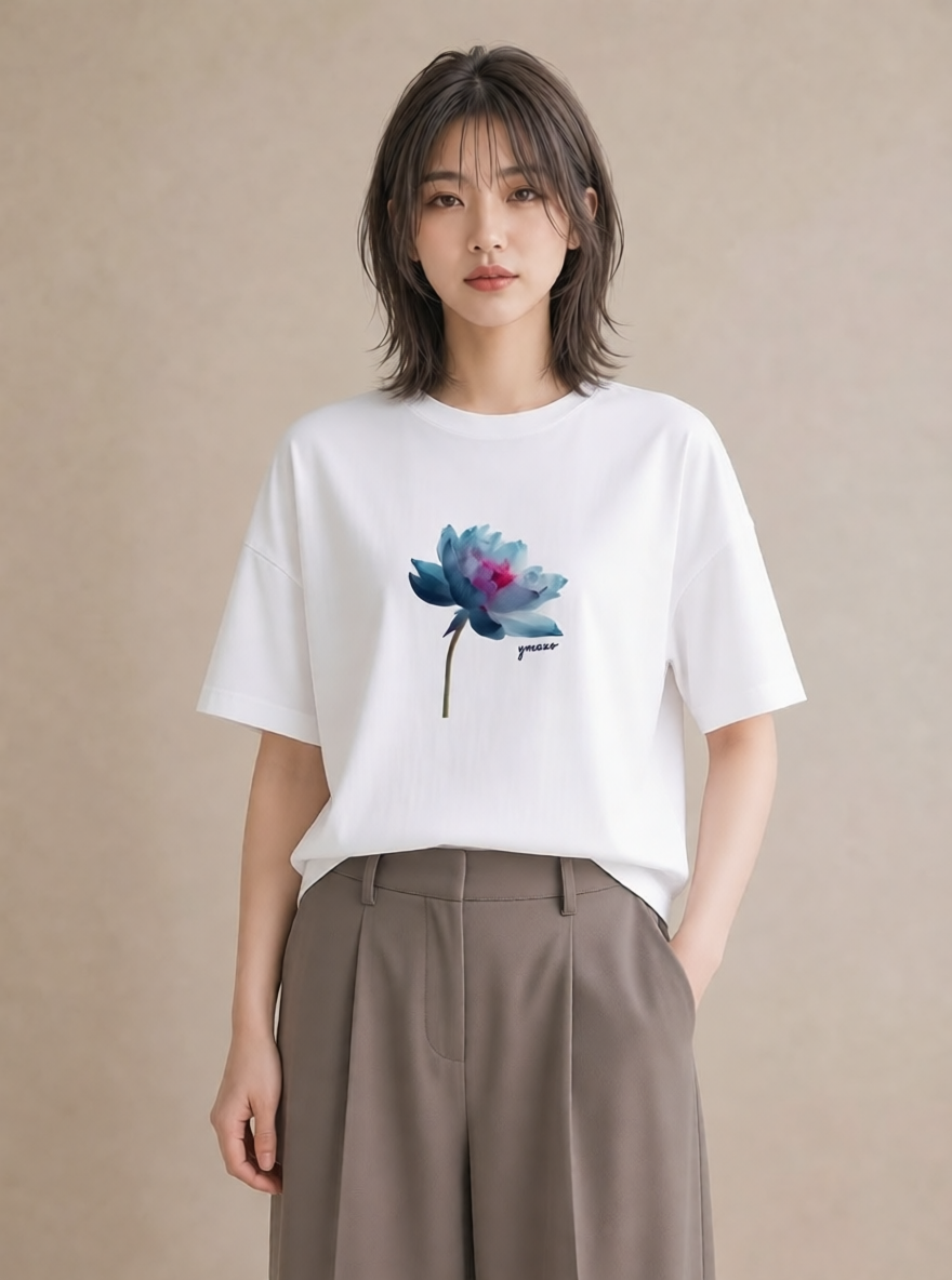 Tシャツ レディース 蓮 花 花柄 イラスト ガーリー 敬老の日 ホワイトデー 白T