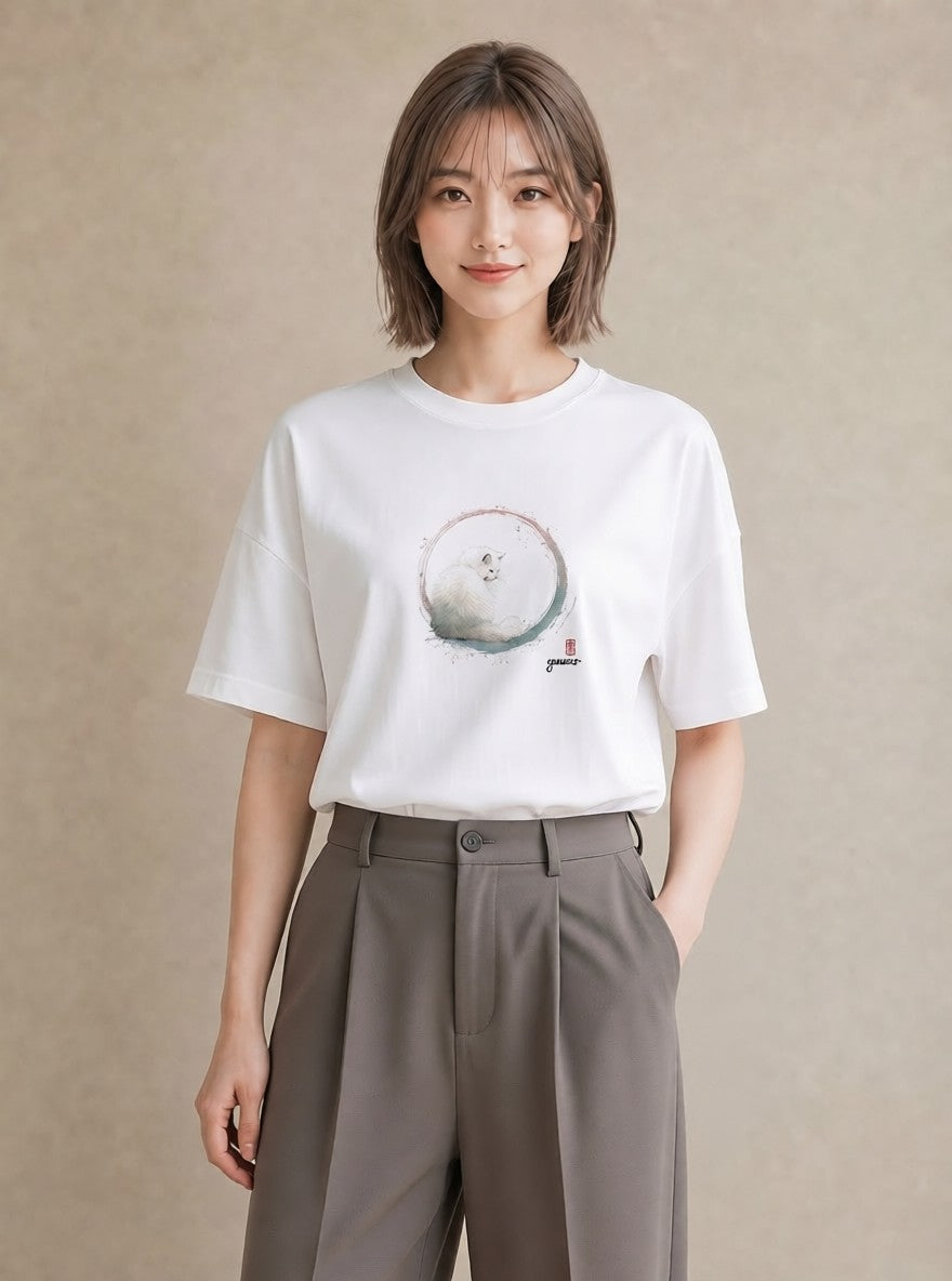 グラフィックTシャツ レディース ペルシャ 猫 ねこ イラスト 淡色 在宅 公園 白T YMAZO