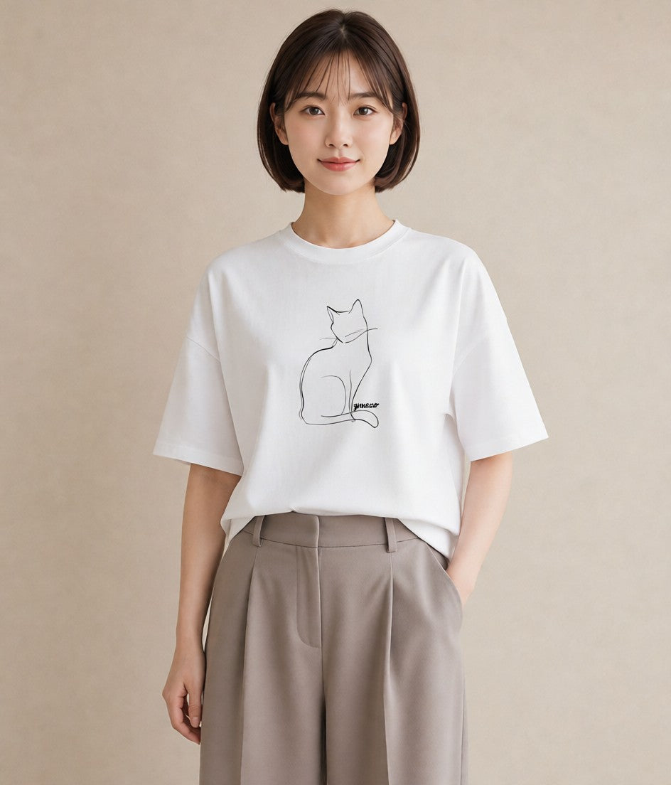 デザインTシャツ レディース 猫 ねこ ネコ イラスト 休日コーデ お出かけ 普段着 白T YMAZO