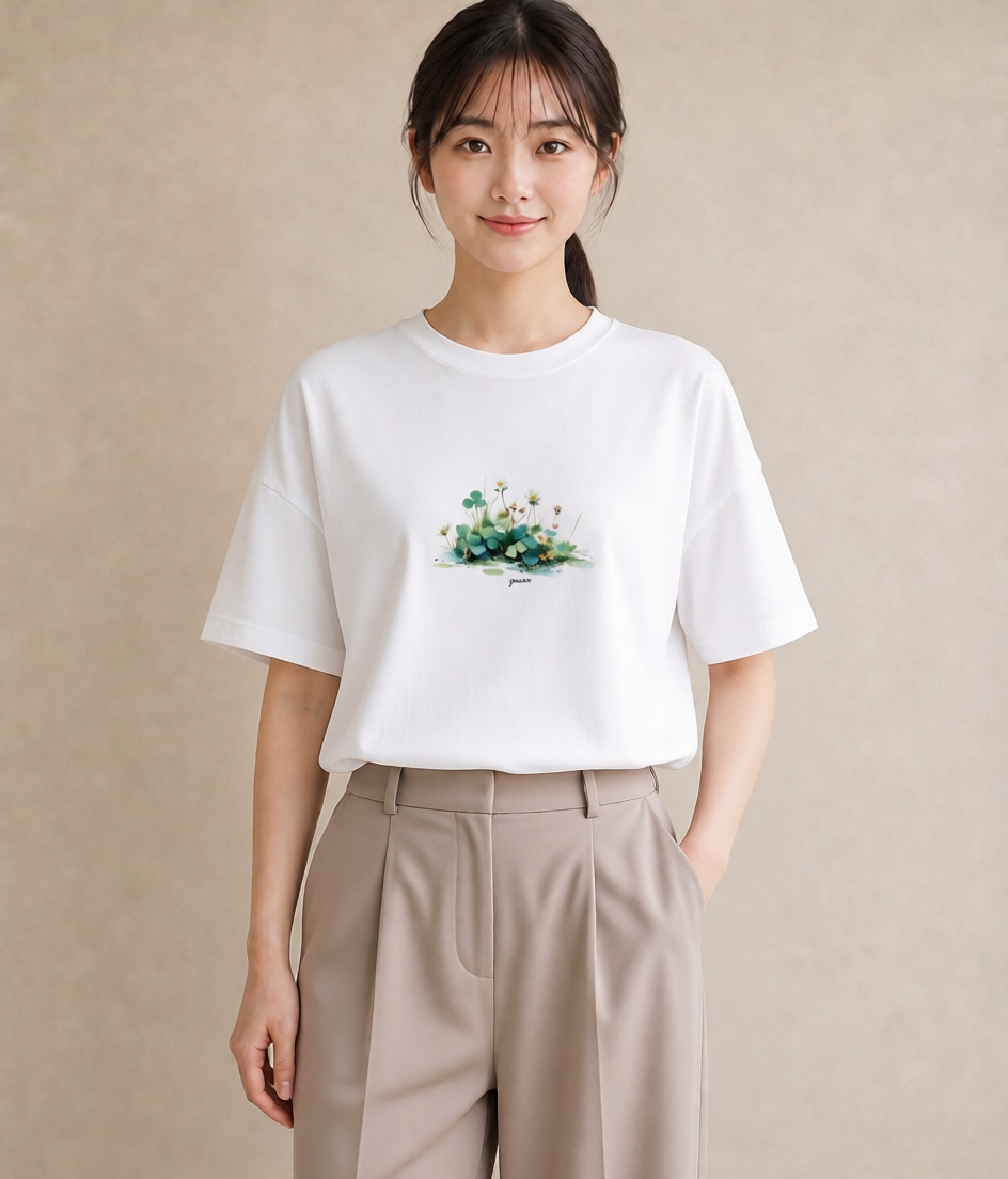デザインTシャツ レディース クローバー 四つ葉 花 花柄 イラスト お洒落 ホワイトデー 春服 白T YMAZO