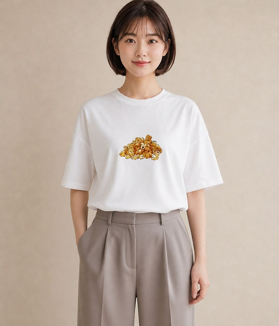 プリントTシャツ レディース ポップコーン 食べ物 フード イラスト 韓国風 旅行 母娘コーデ 白T YMAZO