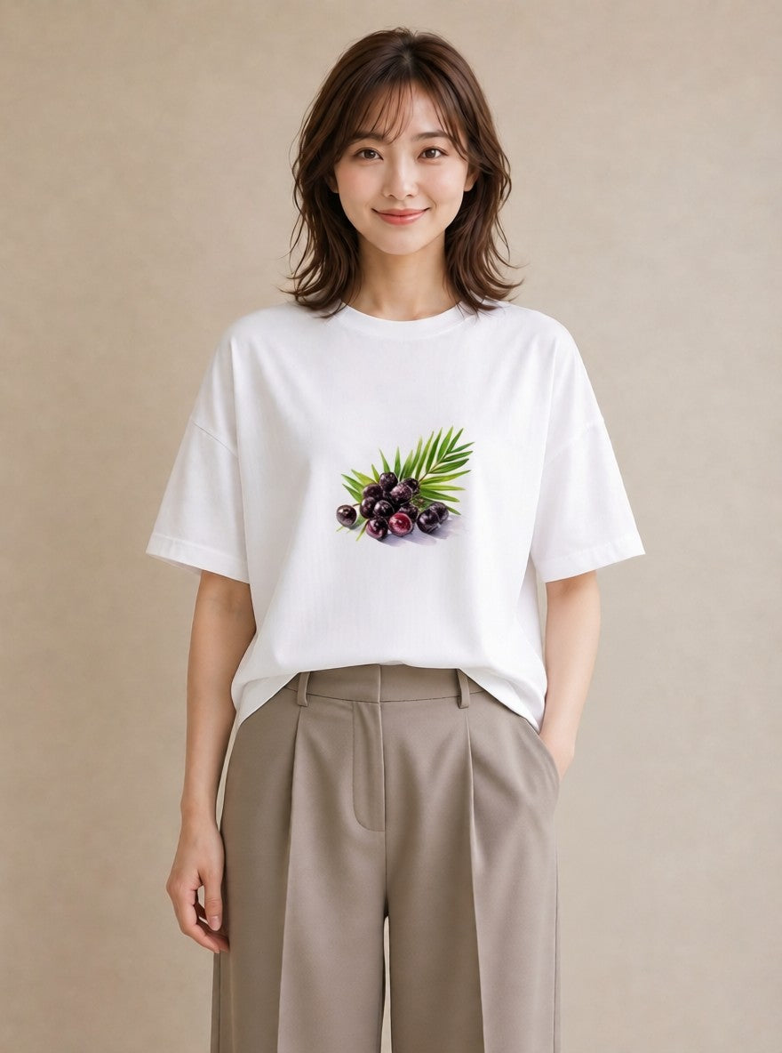 プリントTシャツ レディース ぶどう 葡萄 食べ物 フード イラスト シック 送別ギフト 通勤 白T YMAZO