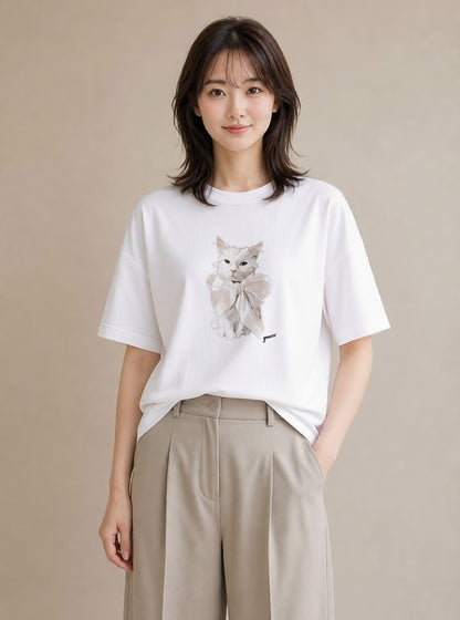 グラフィックTシャツ レディース 白猫 猫 ねこ イラスト ゆるコーデ 送別ギフト 通勤 白T YMAZO